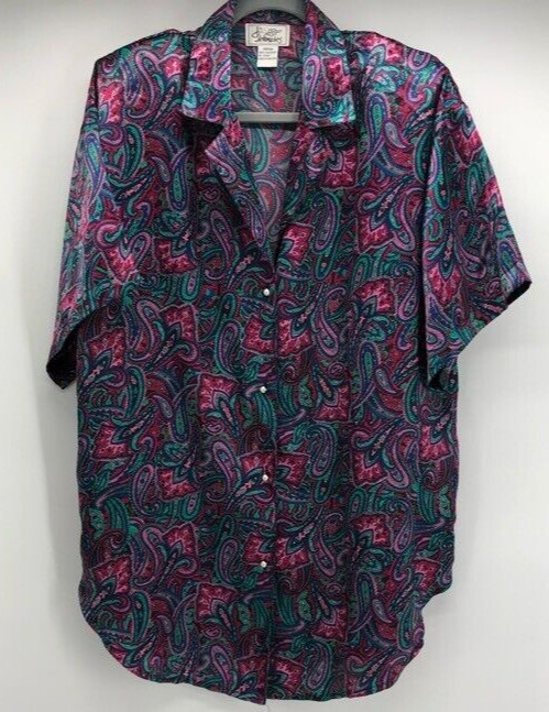 VTG Jo Intimates Sleep Shirt Womens Medium Pink Paisley Buttons Short Sleeve