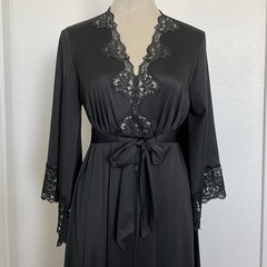 vintage Jolie nylon black lace wide sleeves long nightie robe S