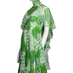 Vintage 1970s Green Chiffon Maxi Dress & Cape Set Polka Dot Floral Boho S XS