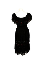 Vintage 1970s Mexican Black Peasant Dress Flounce Lace Neckline Floral Embroider