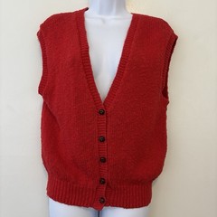 Vintage Villager Red Vest Medium Cardigan USA 80s Y2K Wood Buttons
