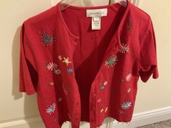 Vintage Susan Bristol Embroidered Floral Ribbons Red Button Up Blouse Medium