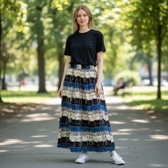 VTG Hand Printed Batik Wrap Maxi Skirt Sz XS-S Cotton Blue Black Tan Malaysia