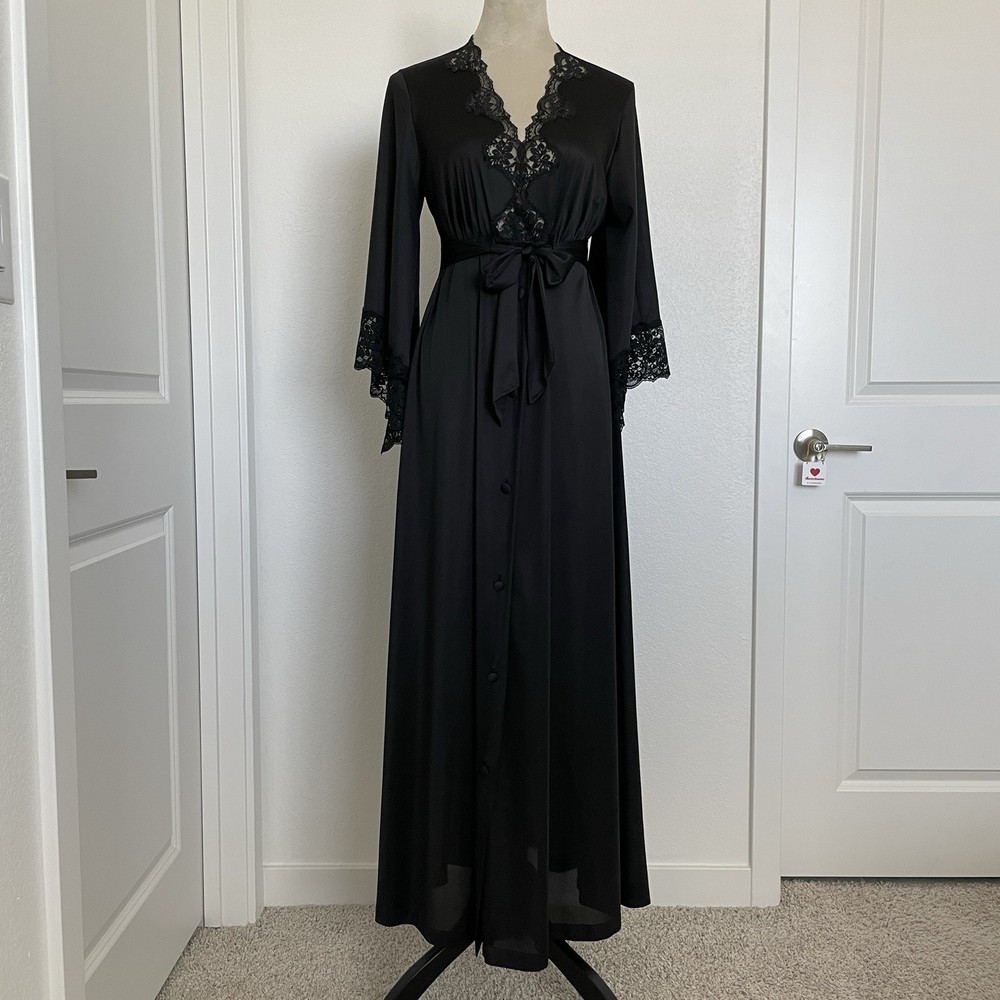 vintage Jolie nylon black lace wide sleeves long nightie robe S