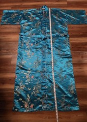 Vintage Golden Dragon Embroidered Satin Kimono Robe – Teal Blue XL