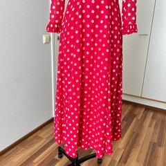 1970s Red Polka Dot Maxi Dress Ruffle Neck Prairie Empire Waist Summer Retro