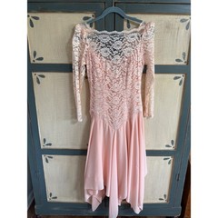 Vintage JCPenney Lace Chiffon Handkerchief Hem Dress Peach Pink 80s 90s Fairy
