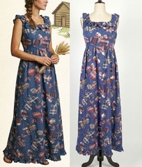 Vintage 1970s Cotton Butterfly Patchwork Print Maxi Dress Size S/M