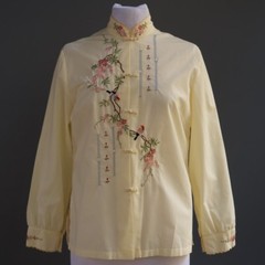 VTG 60s Daffodil Heavily Embroidered Asian Tunic Top Yellow Cotton Blend M L