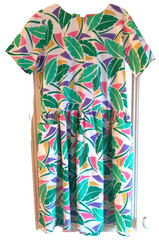 Vintage 80s Cotton Dress Tropical Palm Leaf Drop Waist 12 10 L Green Pink White