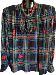 Vintage Nicola Blouse Womens 12 Maximalist Tartan Floral Bow Neck Top