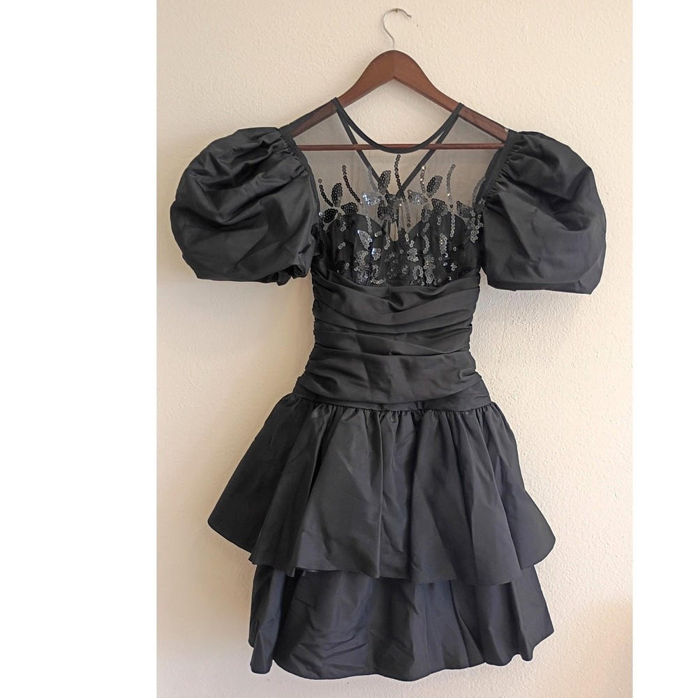 Vintage Climax Karen Okada David Howard Black Sequin Puff Sleeve Mini Dress 3/4
