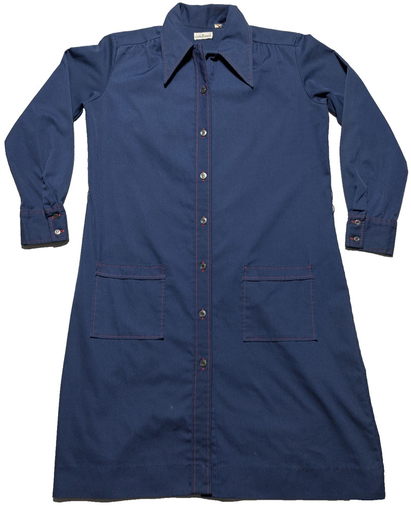 VTG 60s 70s Lady Bayard Shirt Dress Navy With Red Top Stitching – Women 15-16