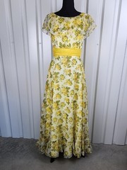 Sylvia Ann Vintage 1970’s Yellow Floral Chiffon Maxi Dress Sash Size 12 Formal