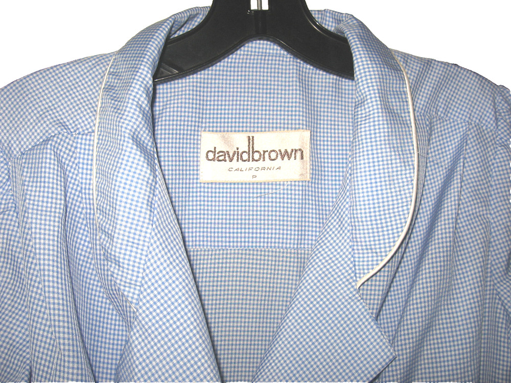 VTG DAVID BROWN CALIFORNIA LONG ROBE SZ P BLUE WHITE CHECK BELT POCKETS COLLAR