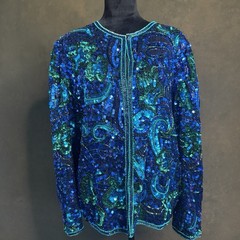 Vintage Laurence Kazar Silk Sequin Jacket XL Blue Green Beaded Evening Coat 80s
