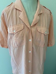 Vintage 90s Pink Salmon Silk Short Sleeve Button down Top M Oversize