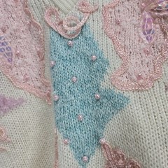 VTG 1980s Sheseido Pastel Sweater M White Blue Pink Lurex Chenille Pearls Fairy