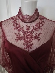 Vintage c1982 Polyester Edwardian Maxi Dress w/Nylon Point d’Esprit Lace in Wine
