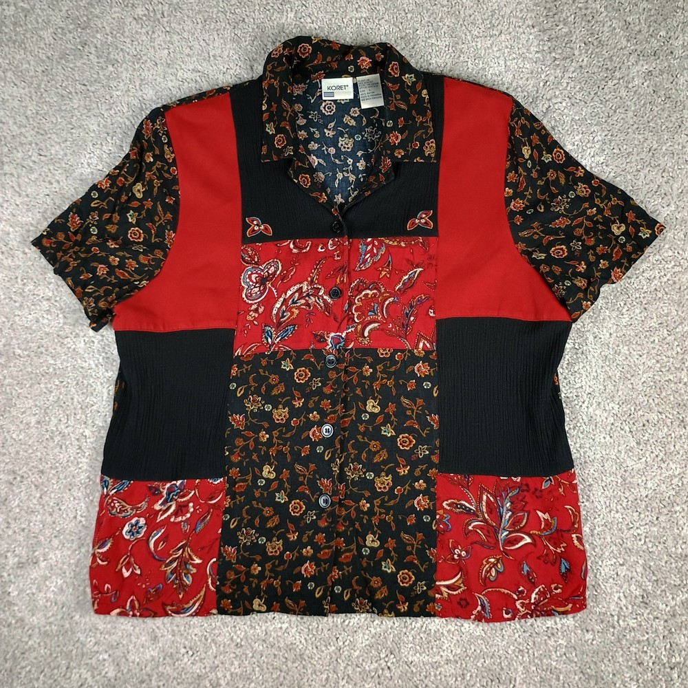 Vtg 90s Koret Patchwork Button Up Shirt Large Rayon Paisley Floral Shoulder Pads