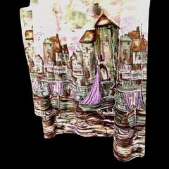 Lanz Originals 1980s Scenic Maxi Skirt Seine River 26″W Pastel Novelty Print