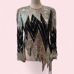 Vintage Saks Fifth Avenue Silver Silk Sequin Top | Chevron Detail | Size M