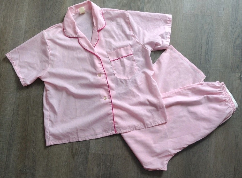 Vtg 70s Sears Pink Pajama Set Permanent Press Piping Coquette Sleepwear Size 38