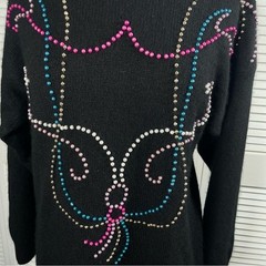 Vintage 80s Amanda Beaded Reindeer Sweater L Silk Angora Black Holiday