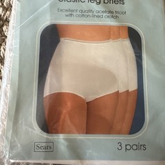 NOS Sears 3PR WHITE Blue Package Panties Sz 5 Acetate Tricot Elastic Leg Briefs