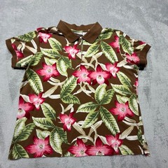 Vintage White Stag Tropical Floral Polo Shirt Size L Brown Pink Cotton 90s