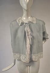 ROMANTIC 1960’S BABY BLUE WOOL JACKET W WHITE VALENCIENNES LACE TRIM