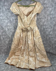 1950s Vtg Satin Brocade Formal Gown XS Champagne Rosette Waist Hand Made