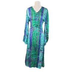 Vintage Anne Crimmins UMI 100% Silk Midi Dress Green Blue Bell Sleeve Size 8