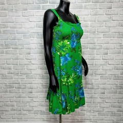 Vintage 90s Hawaiian Tropical Floral Sundress Smocked Green Hibiscus Tiki Pinup