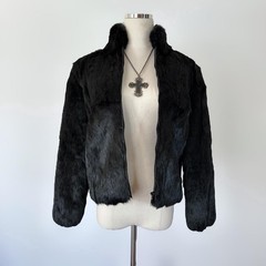 Vintage Black Genuine Rabbit Fur Grunge Goth Zipper Jacket