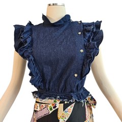 Vintage 1970s Blouse Top Shirt Denim Jean Deconstructed Ruffled Asymmetrical