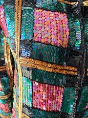 Vintage 1980s Gold Pink Green Black Plaid statement Festival Sequin Jacket M
