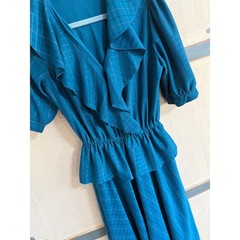 Vintage 80s Teal Blue Metallic Peplum Midi Dress Ruffle V-Neck 14 Cottagecore