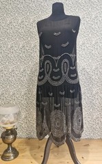 ANTIQUE 1920s FLAPPER DRESS BLACK CHIFFON SILVER BEADWORK ART DECO GOOD CONDITIO