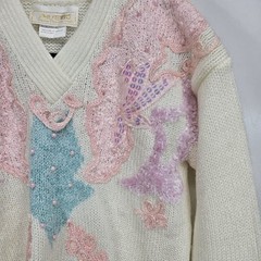 VTG 1980s Sheseido Pastel Sweater M White Blue Pink Lurex Chenille Pearls Fairy