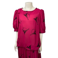 Vintage 80s Hot Pink Statement Dress Art Deco Dynasty Puff Sleeve Pleated M ^