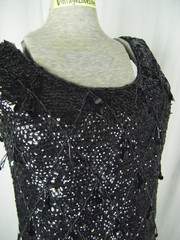 Vtg 60s Heavy Sequin Fringe Beaded Wool Black Tunic Mini Dress-Bust 34-38/2XS-XS
