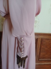 Vintage 1970s/80s Union-Made Pink Chiffon Maxi-dress w/Satin + Pearl Accents
