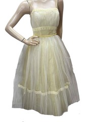Vtg 50s Sz S Prom Dress Cupcake Yellow Satin 2 Layers White Net Tulle Dance Time