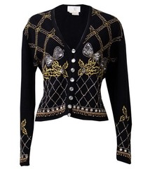 VTG 90s Cache Cardigan Beaded Sequin Embroidery Bows Gold Silver Festive Chic• L