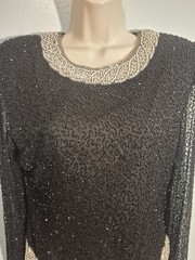 Vintage Laurence Kazar Full Beaded Black Silk Top Sheer Arms Women’s Sz S