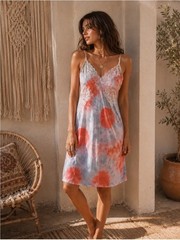 Vintage 90s Coral Blue Circle Tie Dye Slip Dress Upcycled Sundress XS S