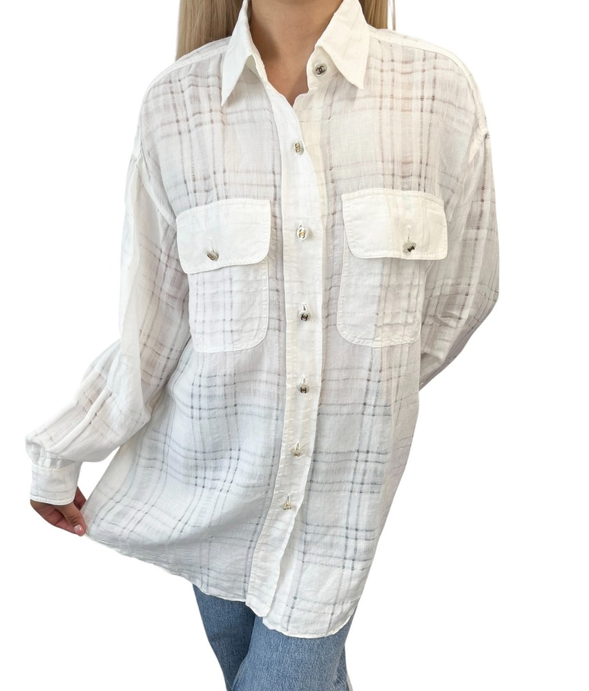 CHANEL Vintage CC Logo Checked Button Up Shirt #38 White Cotton Pocket 902289