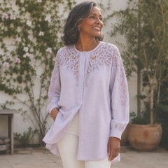 Vintage Together XL Linen Cotton Crochet Lace Tunic Blouse Lavender Boho 1980s