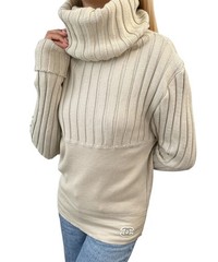 CHANEL Vintage 01A CC Logo Rib Knit Turtleneck Sweater Top #42 Beige 902074